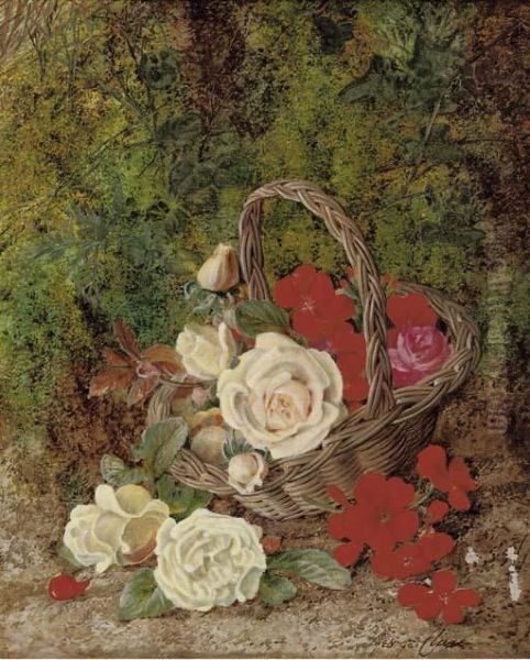 Roses And Geraniums In A Wicker Basket Before A Mossy Bank Oil Painting by George Clare