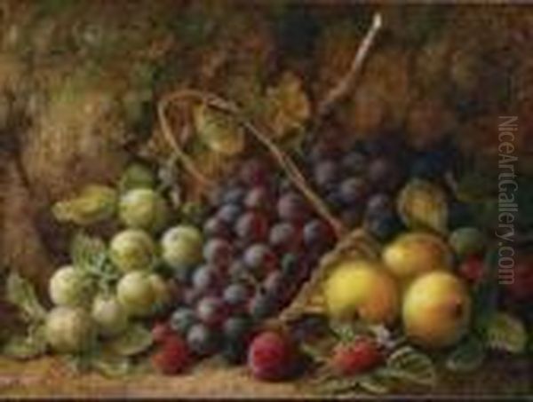 Still Life Of Grapes, Plums And Raspberries On A Mossy Bank Oil Painting by George Clare