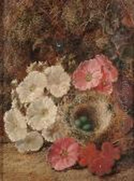 Still Life Of Flowers And A Birds Nest; Still Life Of Fruit On A Bank Oil Painting by George Clare