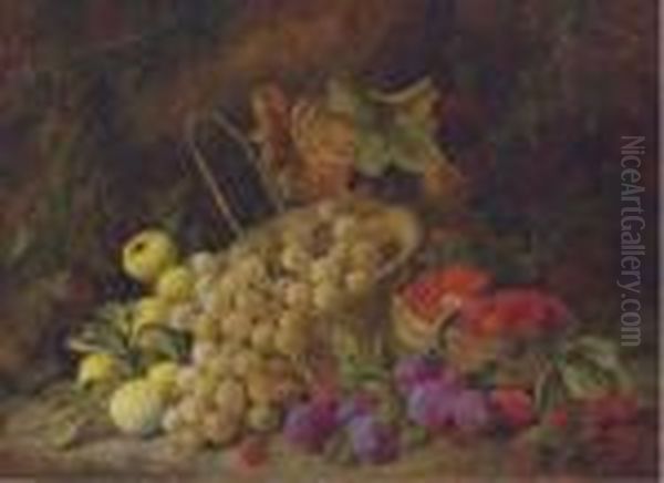 Grapes, Plums, Strawberries And Crab Apples On A Mossy Bank Oil Painting by George Clare