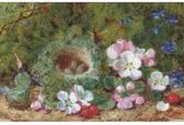 Apple Blossom, Berries And A 
Bird's Nest With Eggs On A Mossy Bank;and Grapes, Raspberries And 
Greengages On A Mossy Bank Oil Painting by George Clare