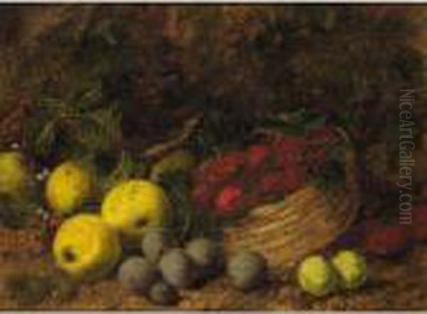 Still Life Of Apples, Plums And Strawberries In A Basket Oil Painting by George Clare