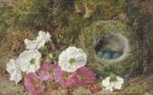 Pink And White Pansies And A 
Bird's Nest With Eggs On A Mossy Bank;and Plums, Raspberries And Crab 
Apples On A Mossy Bank Oil Painting by George Clare