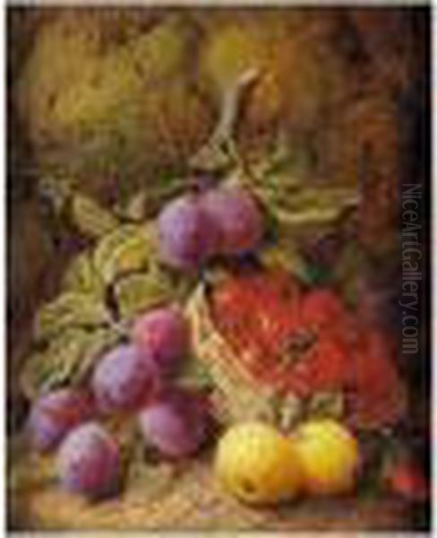 Still Life Of Apples, Plums And Strawberries In Basket Oil Painting by George Clare