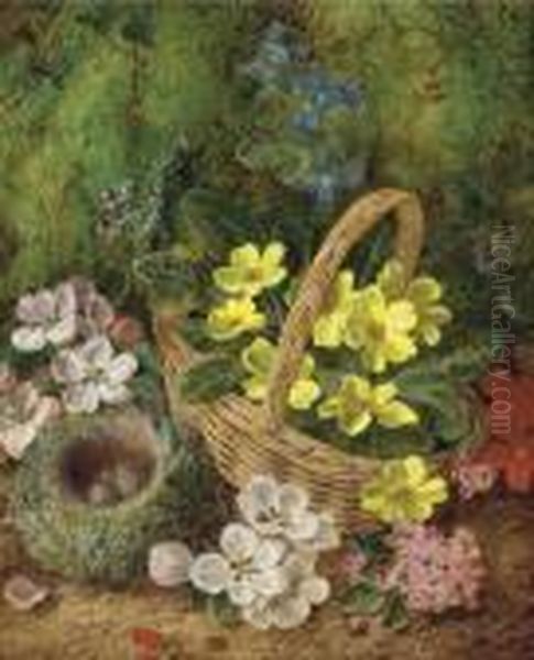 Primroses, Primulas, Apple 
Blossom With A Bird's Nest And Eggs And A Wicker Basket, On A Mossy Bank Oil Painting by George Clare