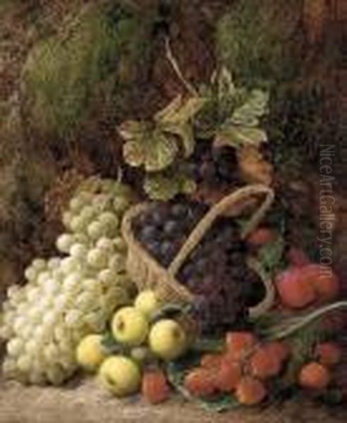 Strawberries, Apples, Plums, And Grapes In A Wicker Basket Oil Painting by George Clare