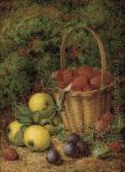 Apples, Plums, And Raspberries In A Wicker Basket Oil Painting by George Clare