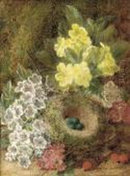 May Blossom, Primulas, Berries, And A Bird's Nest With Eggs Oil Painting by George Clare