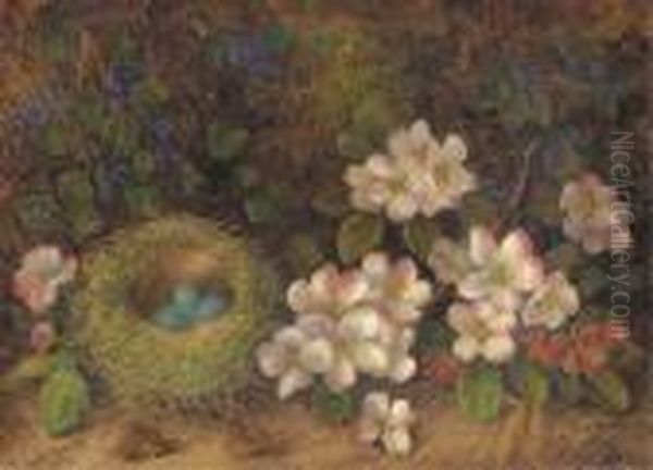 Dog Roses And Violets Surrounding A Bird's Nest With Eggs Oil Painting by George Clare