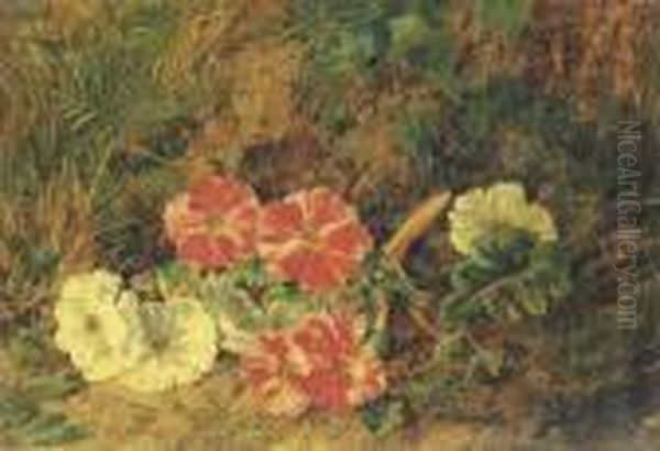 Primulas On A Mossy Bank Oil Painting by George Clare