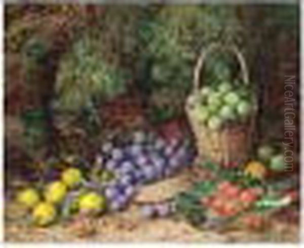 Still Life Of Grapes, Strawberries And An Apple On A Mossy Bank Oil Painting by George Clare