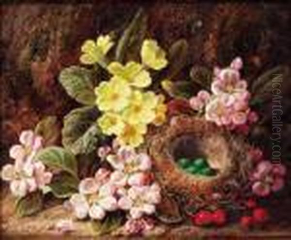 Primroses, Apple Blossom, And A Bird's Nest, On A Mossy Bank Oil Painting by George Clare