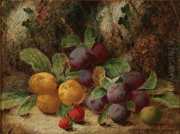 Still Life With Fruit On A Mossy Bank Oil Painting by Oliver Clare