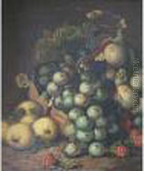 Still Life Of Grapes, Plums, Raspberries And Apples Oil Painting by Oliver Clare