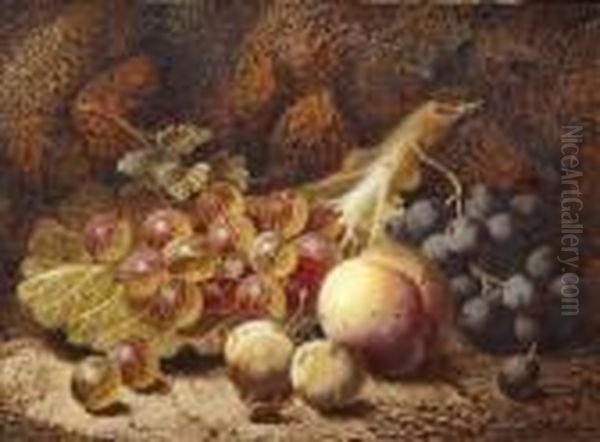 Still Life Of Grapes, A Peach, Plums, Gooseberries And A Cabbage Leaf Oil Painting by Oliver Clare