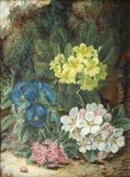 Primroses And Other Spring Flowers On A Mossy Bank Oil Painting by Oliver Clare