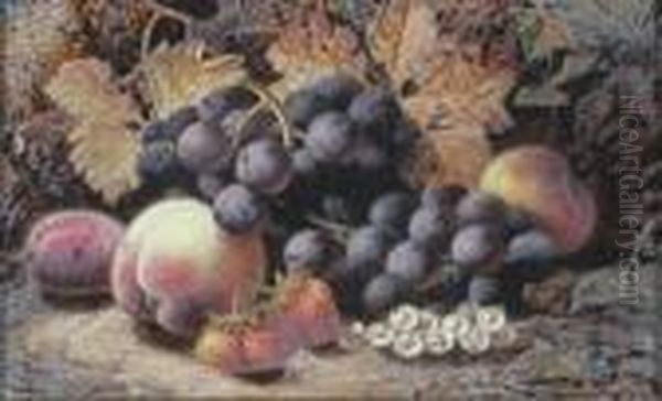 Black Grapes, Peaches, Strawberries, White Currants And A Plum Against A Mossy Bank Oil Painting by Oliver Clare