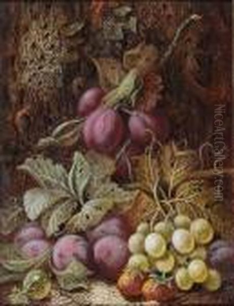 Plums, Green Grapes, Strawberries And A Gooseberry Oil Painting by Oliver Clare