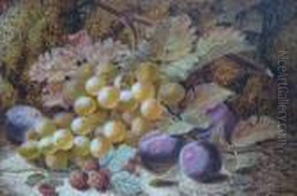 Grapes And Plums On A Mossy Bank Oil Painting by Oliver Clare