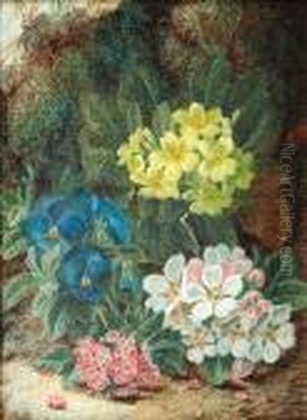 Primroses And Other Spring Flowers On A Mossybank Oil Painting by Oliver Clare