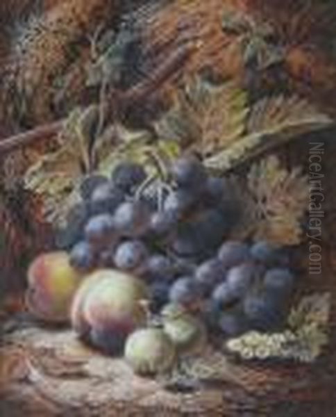 Black Grapes, Peaches, Greengages And Whitecurrants Against A Mossy Bank Oil Painting by Oliver Clare