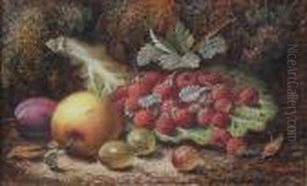 Raspberries On A Cabbage Leaf, Gooseberries, An Apple And A Plum Against A Mossy Bank Oil Painting by Oliver Clare