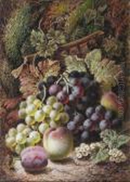 Black And Green Grapes, Peaches, White Currants And A Plum Against A Mossy Bank Oil Painting by Oliver Clare