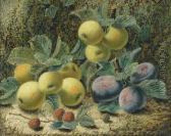 Stillleben Mit Pflaumen, Apfeln Und Himbeeren Oil Painting by Oliver Clare