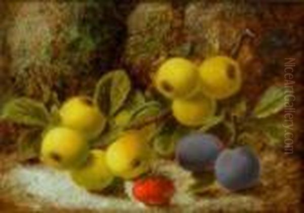 Plums
And A Strawberry On A Mossy Bank Oil Painting by Oliver Clare