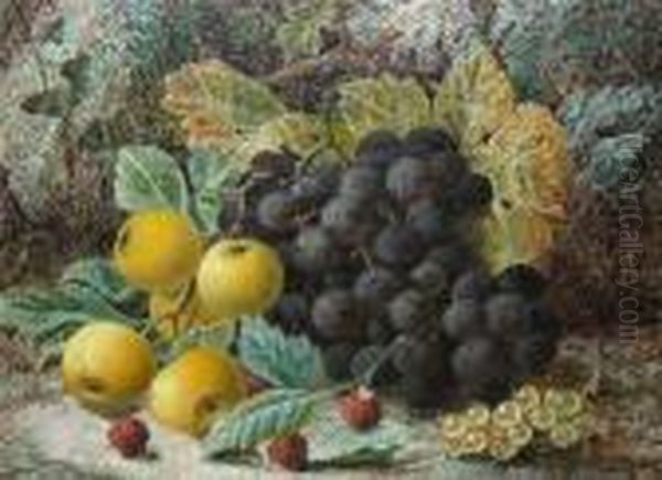 Black Grapes, Apples, White Currants Andraspberries Against A Mossy Bank Oil Painting by Oliver Clare