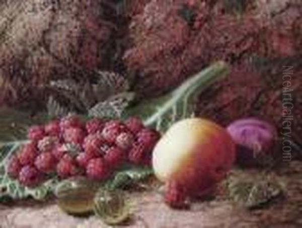 Still Lifes Of Peaches, Raspberries, Plums And Gooseberries Oil Painting by Oliver Clare