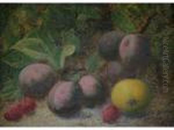 Still Life Of Plums, Raspberries And An Apple; Primroses And A Bird's Nest Oil Painting by Oliver Clare