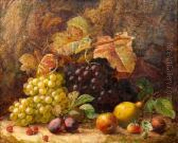 Still Life Of Grapes, Pear, Apple, Plums Andstrawberries On A Mossy Bank Oil Painting by Oliver Clare