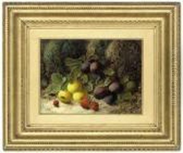 Plums, Apples, Strawberries And A Raspberry, On A Mossy Bank Oil Painting by Oliver Clare