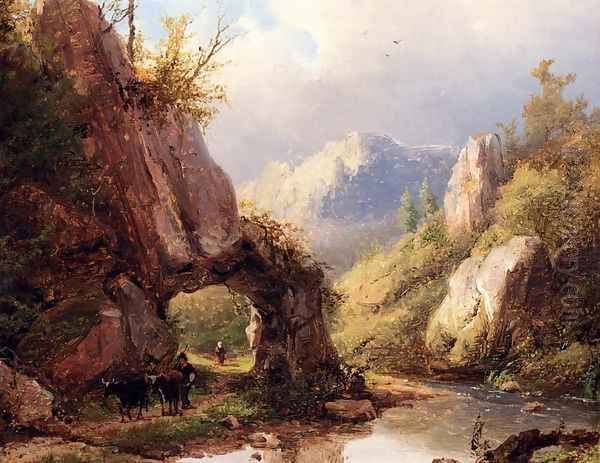 A Mountain Valley With A Peasant And Cattle Passing Along A Stream Oil Painting by Johann Bernard Klombeck