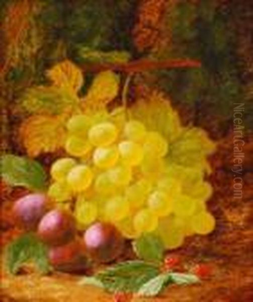 Still Life Of Grapesand Plums On A Mossy Bank Oil Painting by Oliver Clare