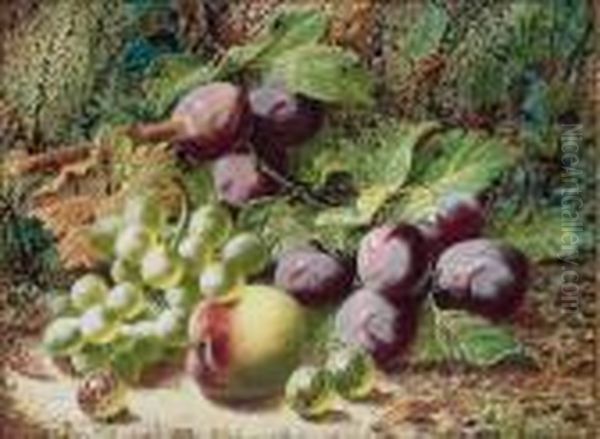 Plums, Grapes, A Peach And Gooseberries On A Mossy Bank Oil Painting by Oliver Clare