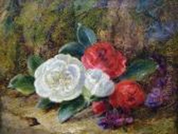 Still Life Of Flowers And Fruit On A Mossy Bank Oil Painting by Oliver Clare