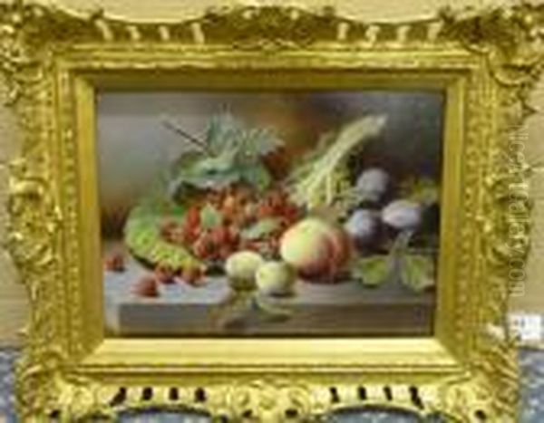 Still Life Of Raspberries In A Cabbage Leaf, With Other Fruit Nearby Oil Painting by Oliver Clare