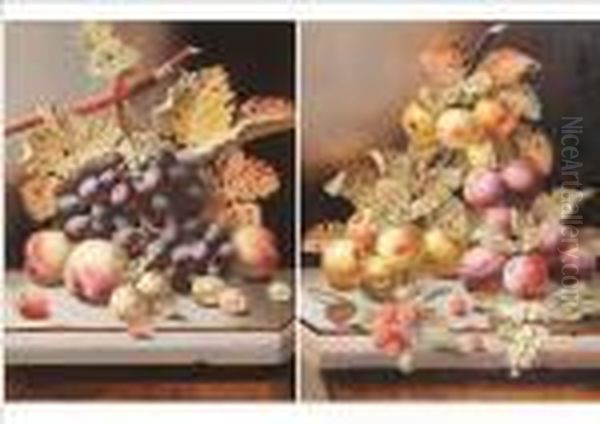 Still Life Of Fruit Upon A Marble Table Oil Painting by Oliver Clare