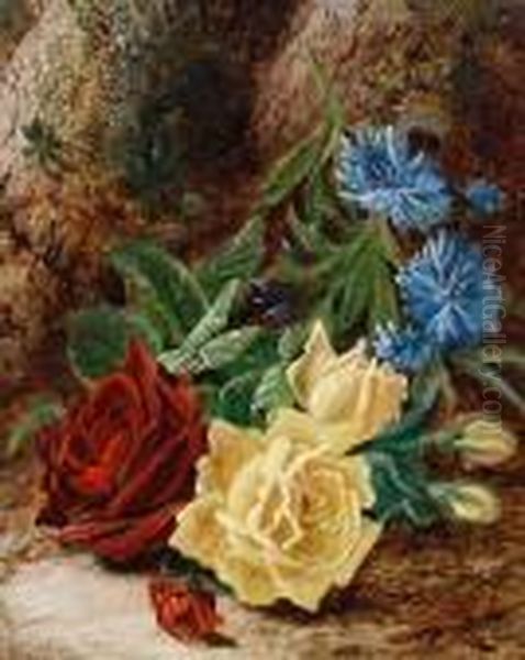 Still Life Of Roses And Cornflowers Oil Painting by Oliver Clare