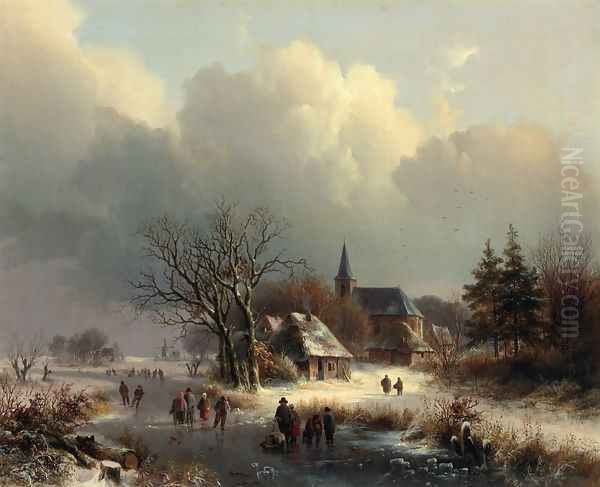 Figures on a Frozen River in Winter Oil Painting by Johann Bernard Klombeck