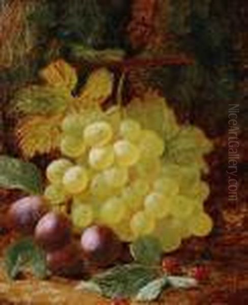 Still Life Of Grapes And Plums On A Mossybank Oil Painting by Oliver Clare