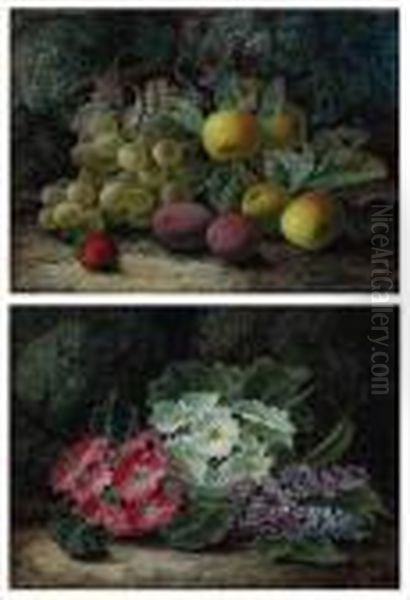 Primroses And Lilac; Grapes, Apples, Plums Anda Strawberry Oil Painting by Oliver Clare