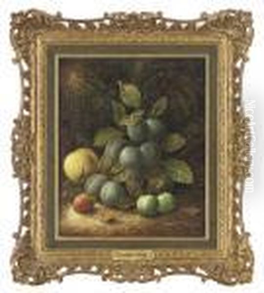 Damsons, Greengages, A Peach And A Strawberry On A Mossy Bank Oil Painting by Oliver Clare