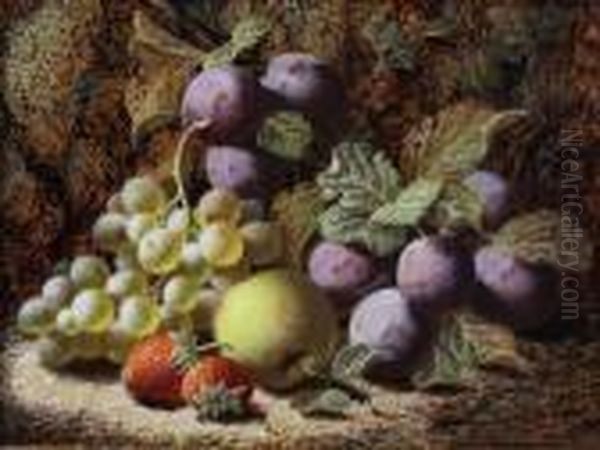 Plums, Green Grapes, Strawberries And An Apple Against A Mossy Bank Oil Painting by Oliver Clare