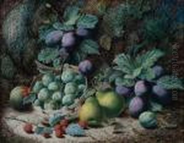 A Basket Of Greengages, Plums, Pears And Raspberries Against A Mossy Bank Oil Painting by Oliver Clare