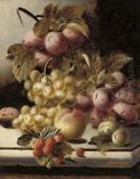 Plums, Grapes, A Peach And Raspberries On A Stone Ledge Oil Painting by Oliver Clare