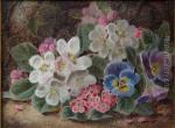 A Spray Of Primroses And Pansies On An Earthy Bank Oil Painting by Oliver Clare