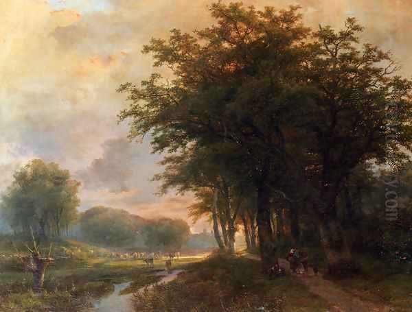 A Wooded River Valley With Peasants On A Path, Cattle In A Meadow Beyond Oil Painting by Johann Bernard Klombeck